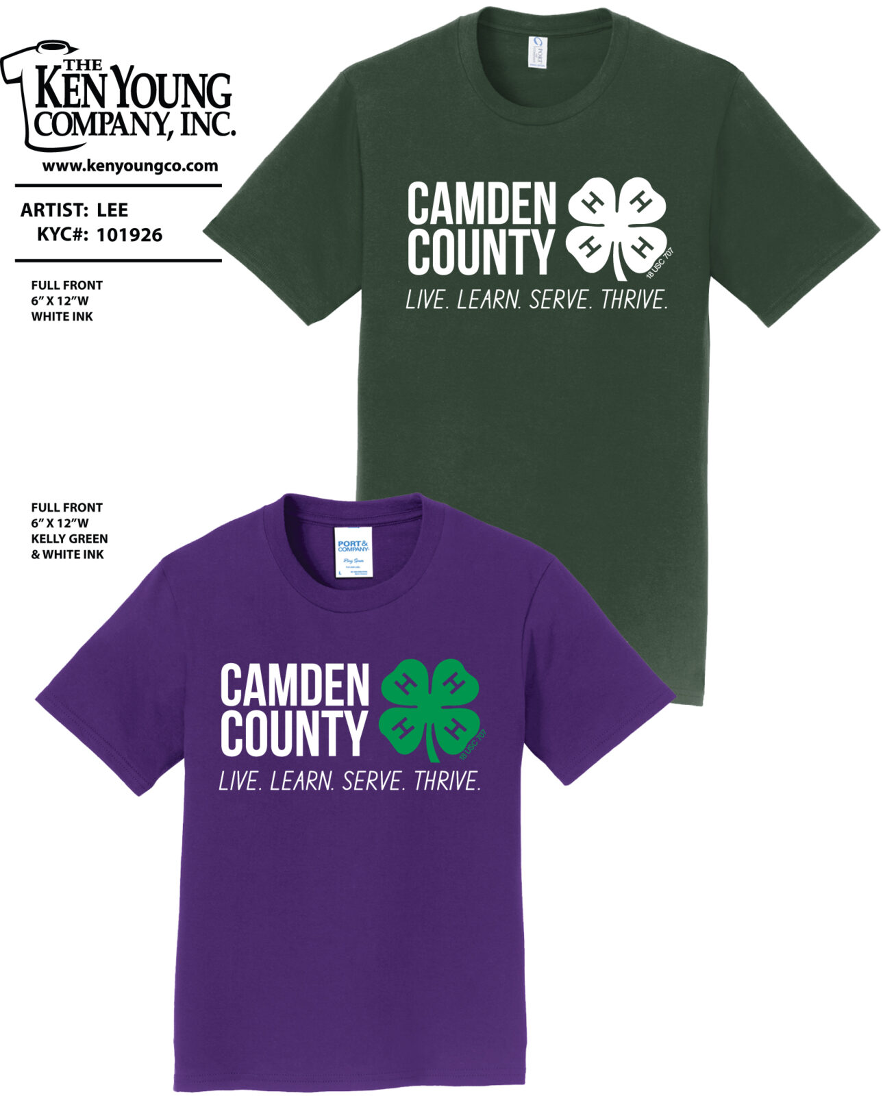 images of shirts - one green shirt with white graphic and white clover; one purple shirt with white graphic and green clover Graphics read: Camden County on left - Clover on right then underneath it reads Live, Learn, Serve, Thrive.
