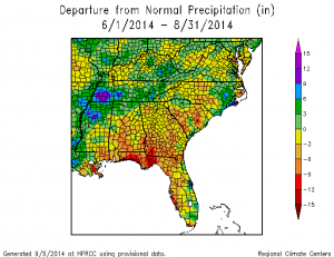 summer 2014 precip departure map from hprcc