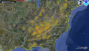 April 27, 2011 tornado tracks.  Source: NOAA NSSL/Google Earth