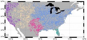 Heat waves strike by region, according to new findings in Nature Geoscience. The study looked at temperature data from weather stations (dots) across the continental U.S. When extreme heat hits, it tends to be regional, based on 32 years of temperature measurement. Photo by McKinnon KA et al., Nature Geoscience, (2016)