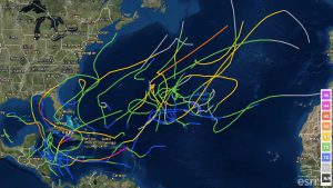 Storm tracks for tropical cyclones that attained an intensity of at least tropical storm status in November since 1950.