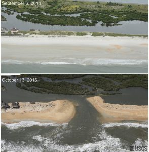 Photos taken before Hurricane Matthew (Sept. 6, 2014, above) and after (Oct. 13, 2016, below) show that the storm cut a new inlet between the Atlantic Ocean and the Matanzas River near St. Augustine, Fla., stripping away a 12-foot dune and carrying sand into the estuary. USGS via NPR