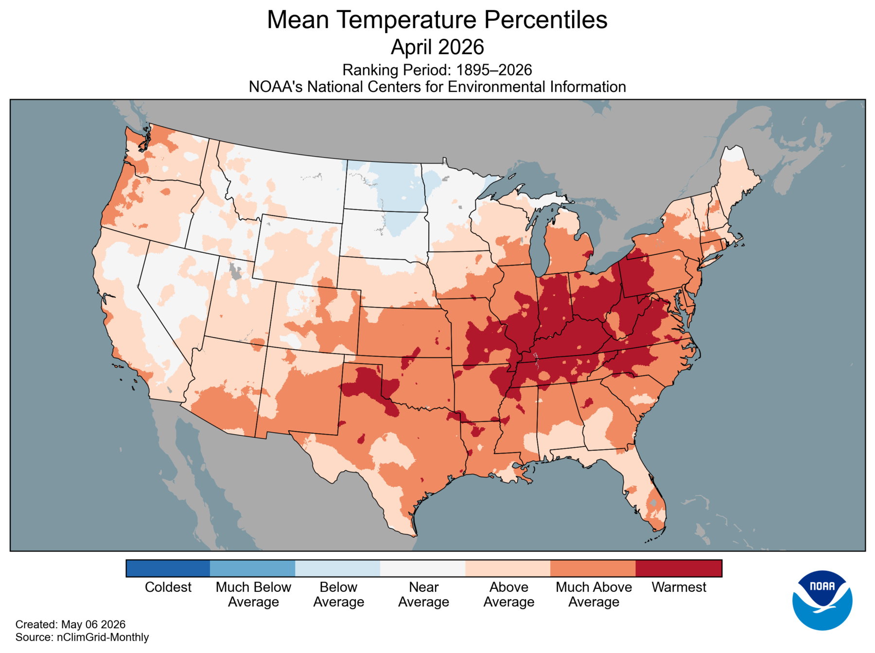 April 2026 temperature percentiles in the US
