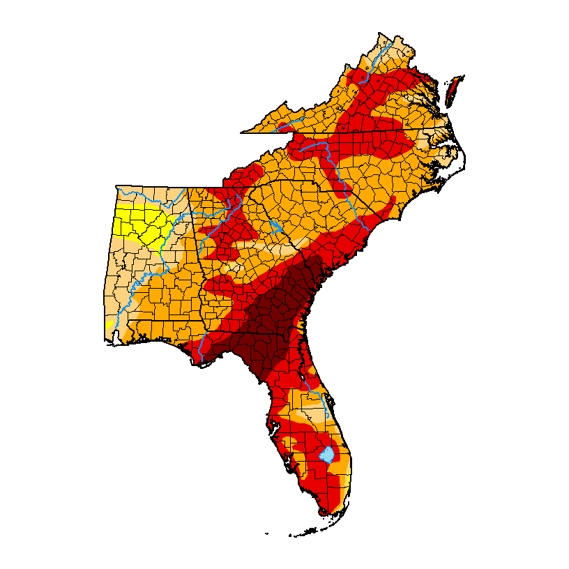 drought monitor map for the Southeast US for may 26, 2026