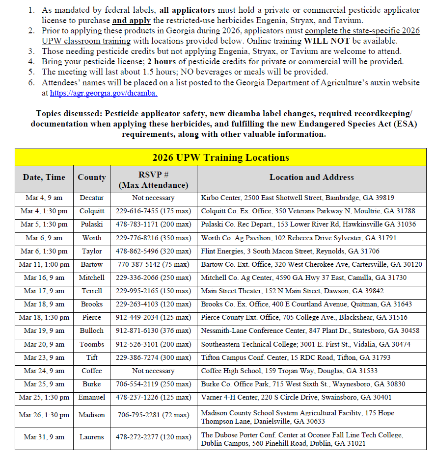 All applicators must hold private and commercial  pesticide license to purchase and apply Engenia, Stryax and Tavium.  Image shows 18 training dates and locations.