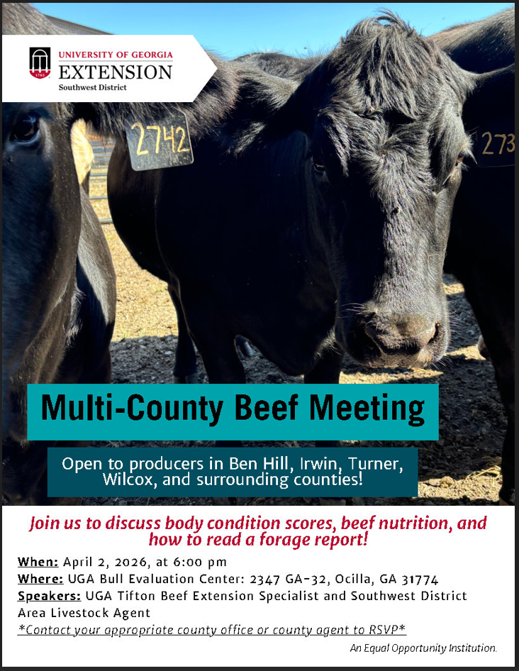 Muli Co Beef Meeting. April 2 at UGA Bull Evaluation Center. Ocilla, GA.
