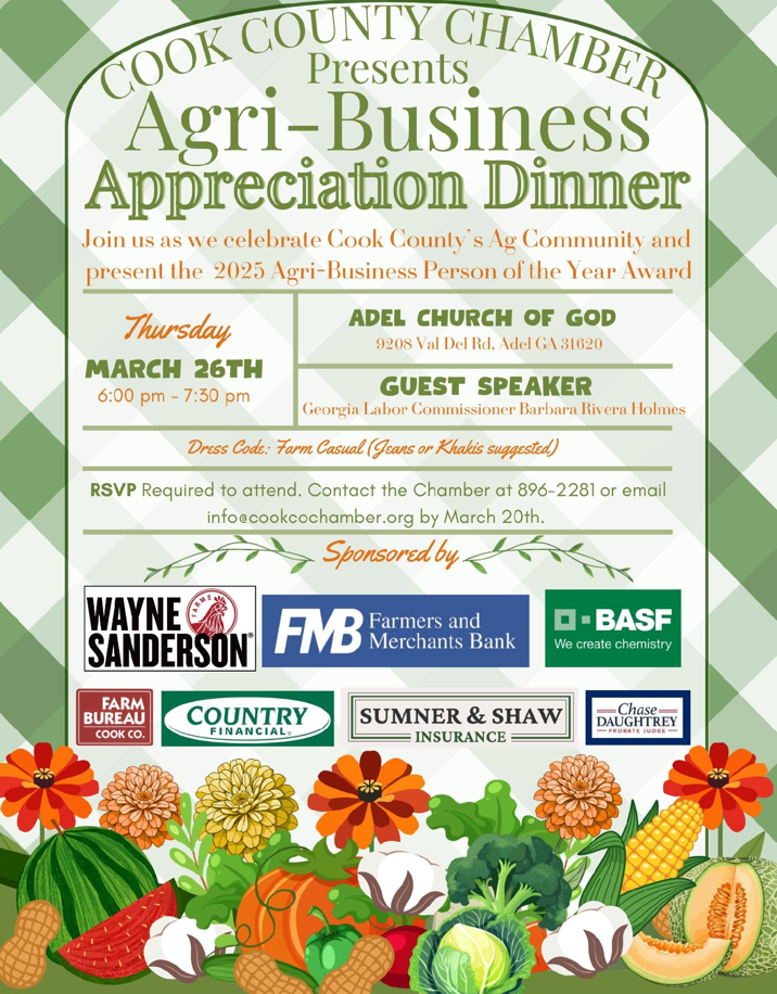 Cook Chamber of Commerce Agribusiness Appreciation Supper. March 26 at 6 PM at Adel Church of God. RSVP 896-2281.