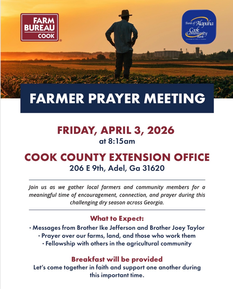 Flier showing Farm Bureau and Cook Community Bank Farmer Prayer Meeting Event. 