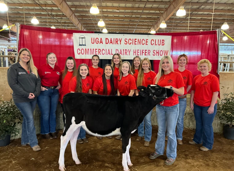 Dairy science club students and advisor posed for a photo with a holstein heifer