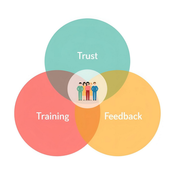 Venn diagram showing the foundations of effective employee management. The three circles representing trust, training and feedback