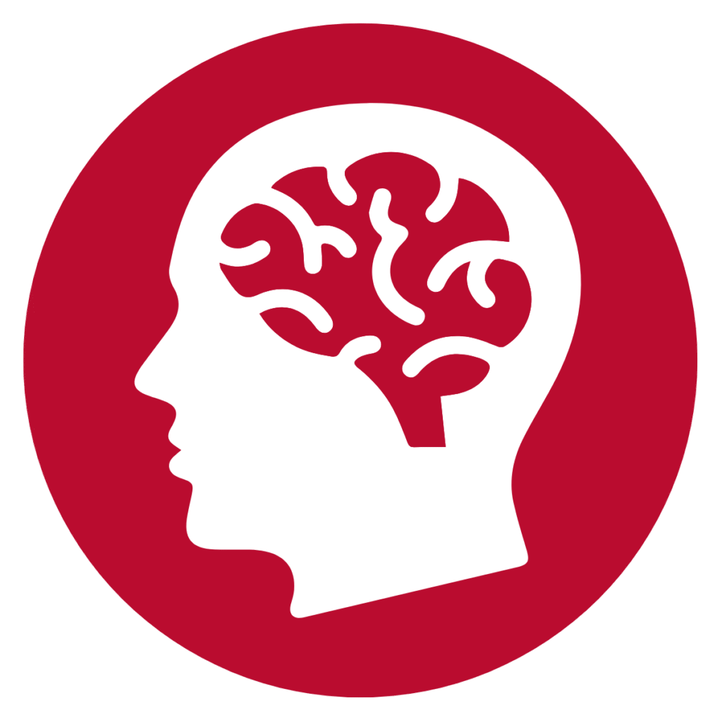 Red circle with white icon of a person's head with outline of brain