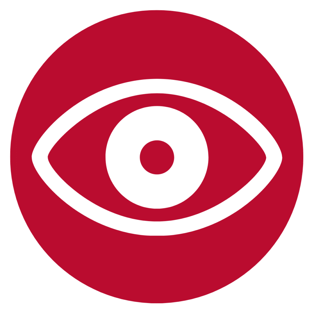 Red circle with white outline of an eye