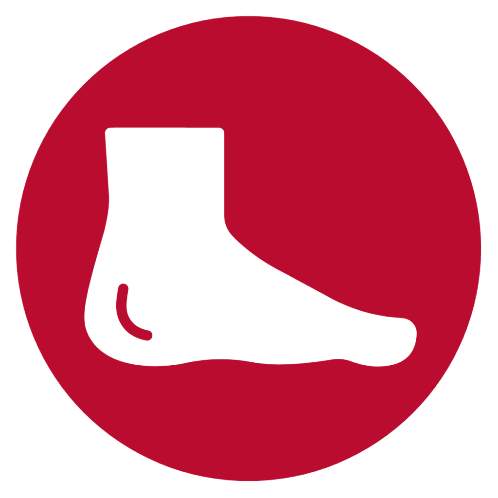 Red circle with white icon of a foot