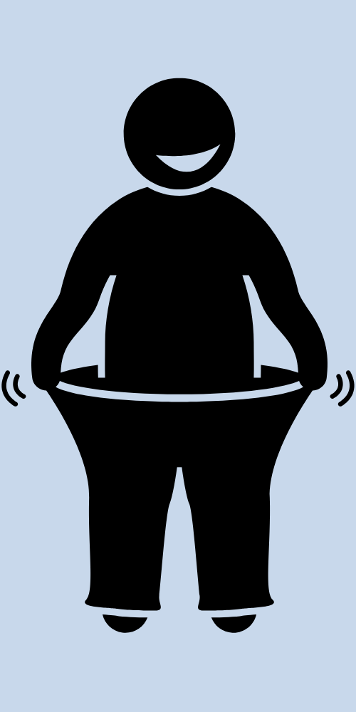 Smiling person holding the waistband of pants that are much too large