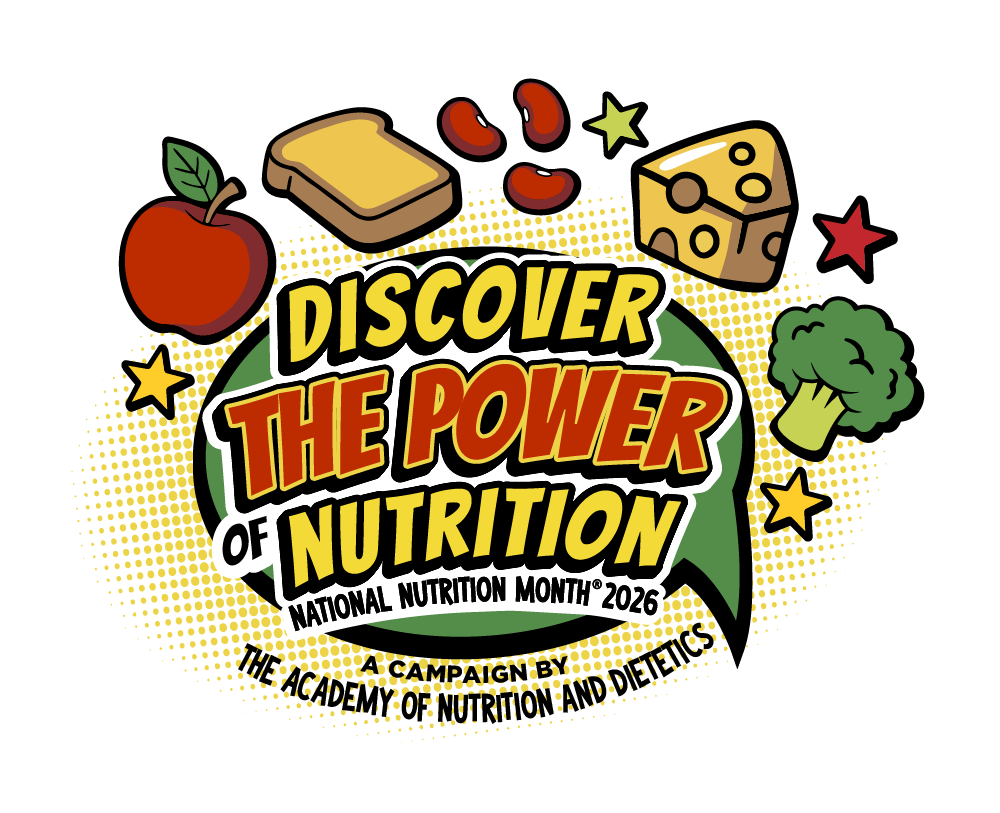 Graphic image showing cartoon fruits, cheese, vegetables and other food items with cartoon style text promoting National Nutrition Month