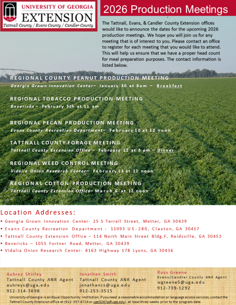 Flyer showing the 2026 regional production meeting schedule for Tattnall, Evans, and Candler Counties.