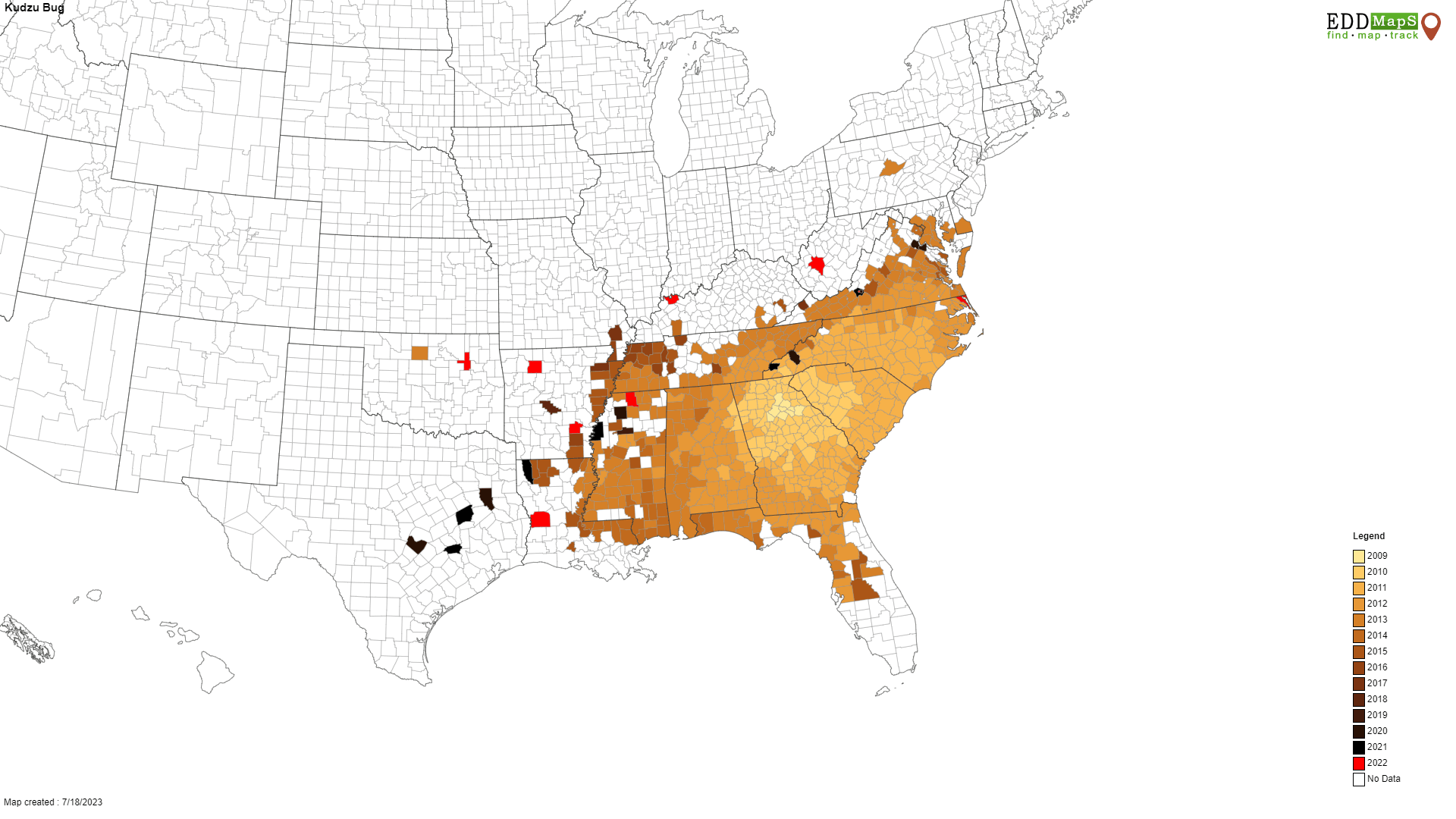 Invasive Plant Profile Kudzu UGA Extension Forsyth County EDDMapS 2022 Kudzu Bug Distribution