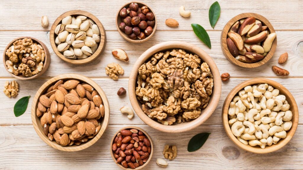 Bowls of varieties of nuts.