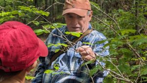 An adult man and a child are examining a branch