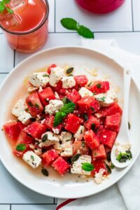 – Pink watermelon salad with cheese and basil. Photo taken by Monika Borys.