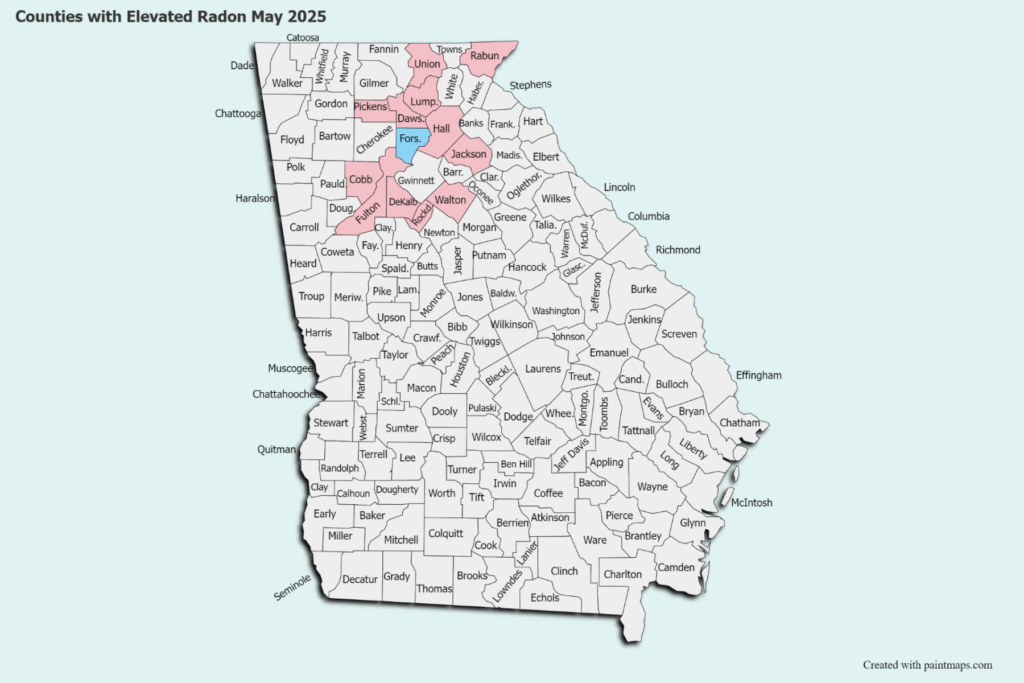 A county map of the state of Georgia with several metro Atlanta counties highlighted.