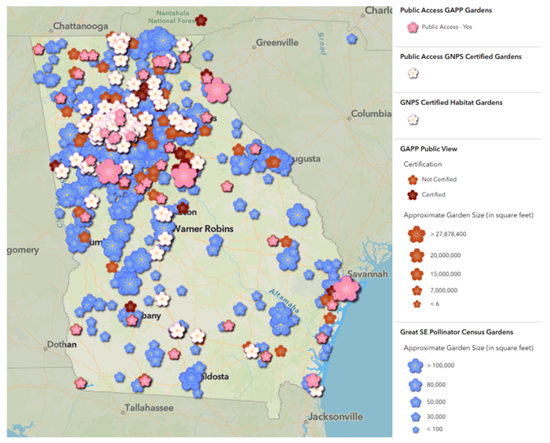 An outline of the state of Georgia. Throughout the image are different colored flowers indicating where the census has inspired citizens to plant pollinator gardens