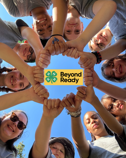 A group of young adults looking down toward the camera for a photo