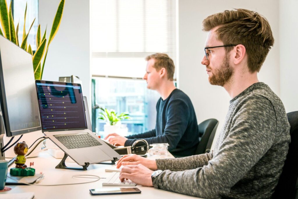 Two young adult men sit at a table, working on their computers. There is a large window with a plant on the sill. There is another large plant on the desk.