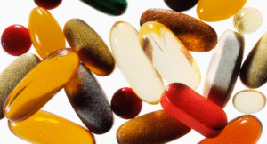 An extreme close-up of a variety of pills