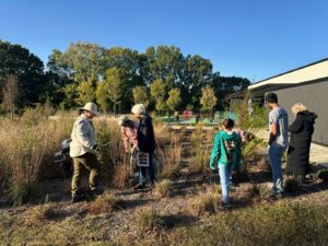 A group of adults and children clearing weeds and brush from a piece of land.