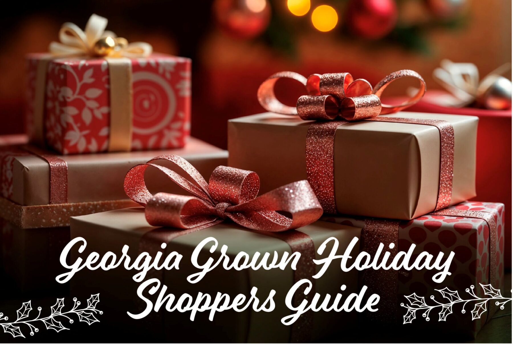 Three beautifully wrapped with ribbon gifts in the foreground with a Christmas tree in the background