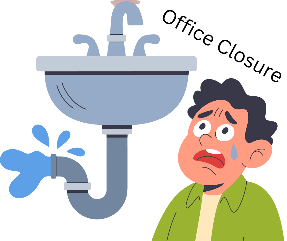 A drawing of a man looking at a sink with a burst pipe which is spewing water.