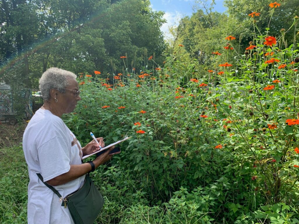 woman standing next to flowering plant holding clip board