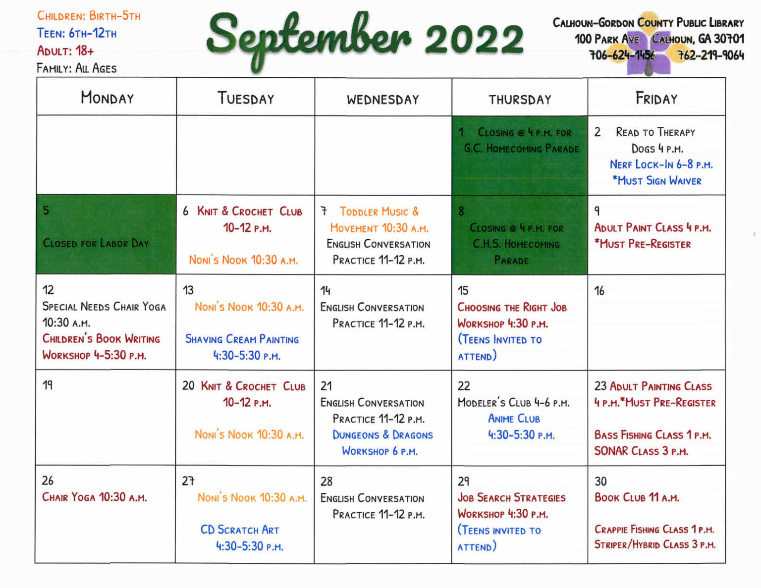 CalhounGordon County Public Library Calendar for September 2022