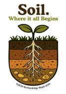 “Soil. Where it all Begins” featuring a cross-section illustration of soil layers in shades of brown and orange with green grass on top and a plant showing an extensive white root system underground. Text at the bottom reads “MACD Stewardship Week 2026.”