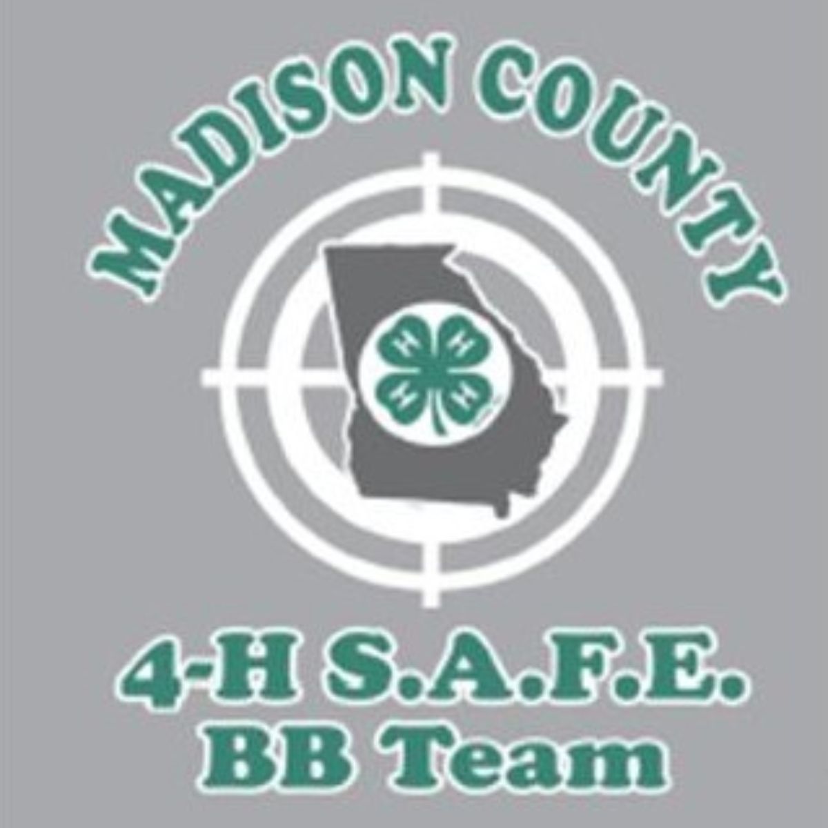The logo for Madison County 4-H S.A.F.E. BB Team features a silhouette of Georgia with a 4-H clover emblem inside and a target symbol behind it. The text "MADISON COUNTY" arcs above, and "4-H S.A.F.E. BB Team" is below.