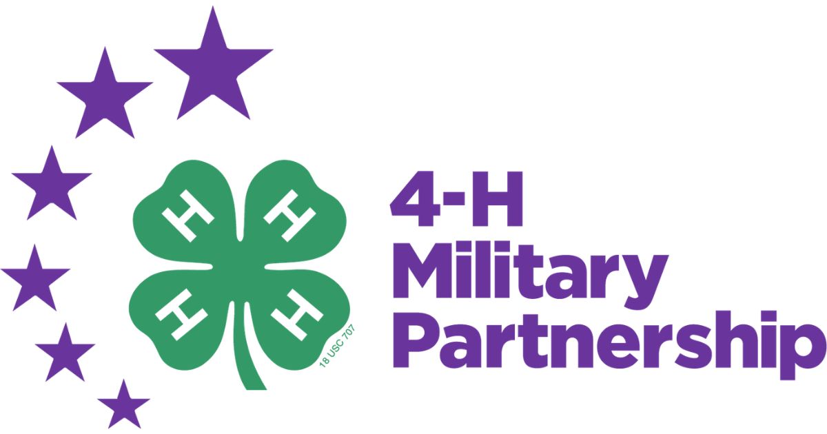 Graphic featuring the green 4-H clover emblem with four white “H” letters in the center. Purple stars form a semicircle on the left side, and the words “4-H Military Partnership” appear in purple text on the right. The design represents the 4-H program supporting military youth and families.