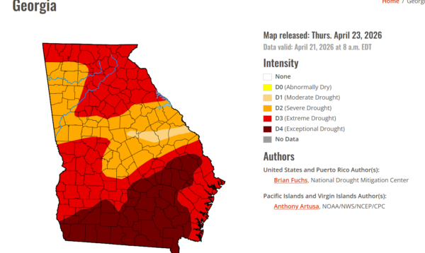 Diagram of the state of Georgia with color coded drought levels