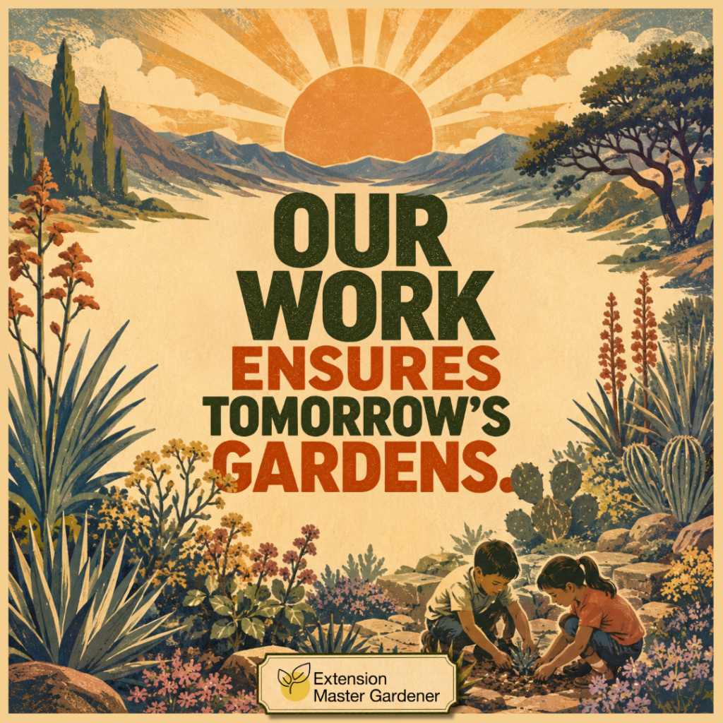 An illustrated poster with text that reads, "OUR WORK ENSURES TOMORROW'S GARDENS." At the bottom is a logo for "Extension Master Gardener." The vintage-style illustration features a bright, rising sun over a mountain valley landscape. In the foreground, two young children kneel together to plant a small seedling in a garden surrounded by desert plants, cacti, and wildflowers.