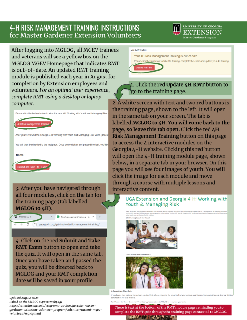 instruction sheet with screenshots of MGLG and the risk management training pages and with text directions and arrows and circles illustrating the flow of the outlined steps for completing the training