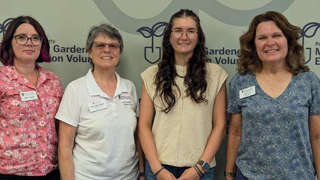 Four women standing side by side in front of a textured wall, smiling and engaging with each other.