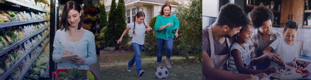 Women shopping, mother and daughter playing soccer, family cooking in kitchen