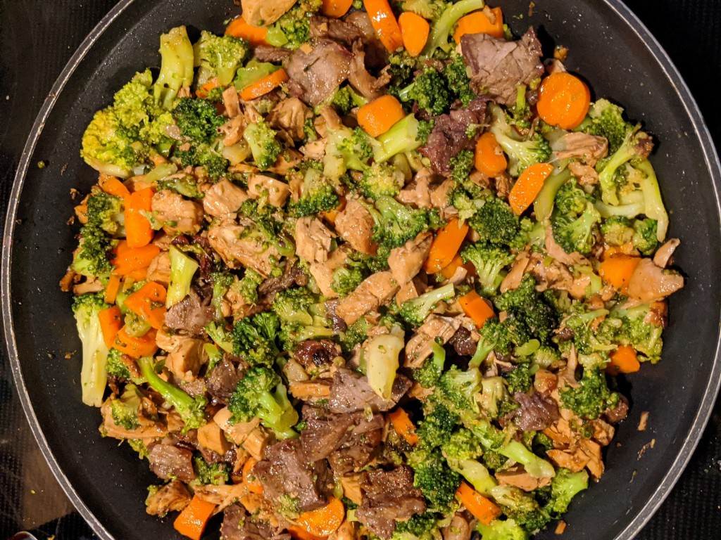 Picture of broccoli, carrots, beef, and chicken in a frying pan.