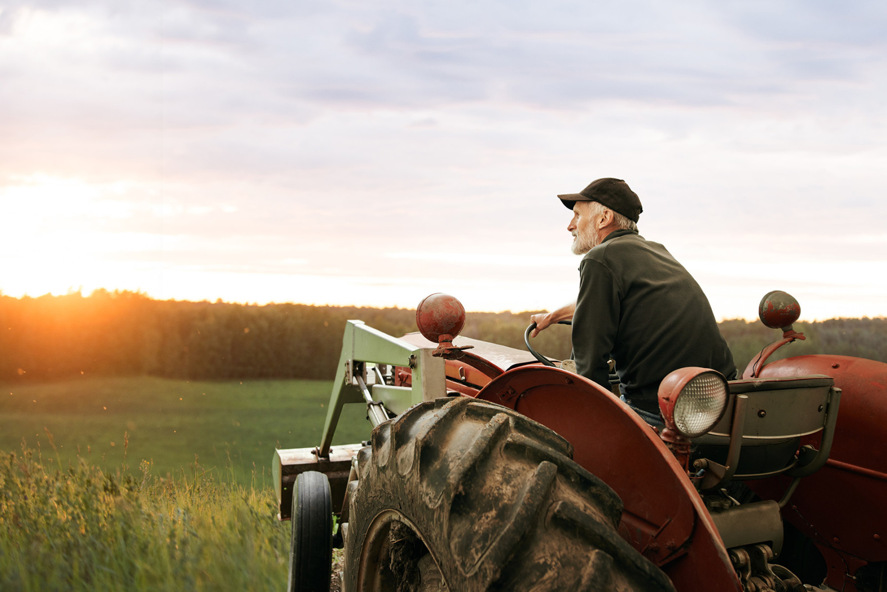 Farmer sitting on tractor on field