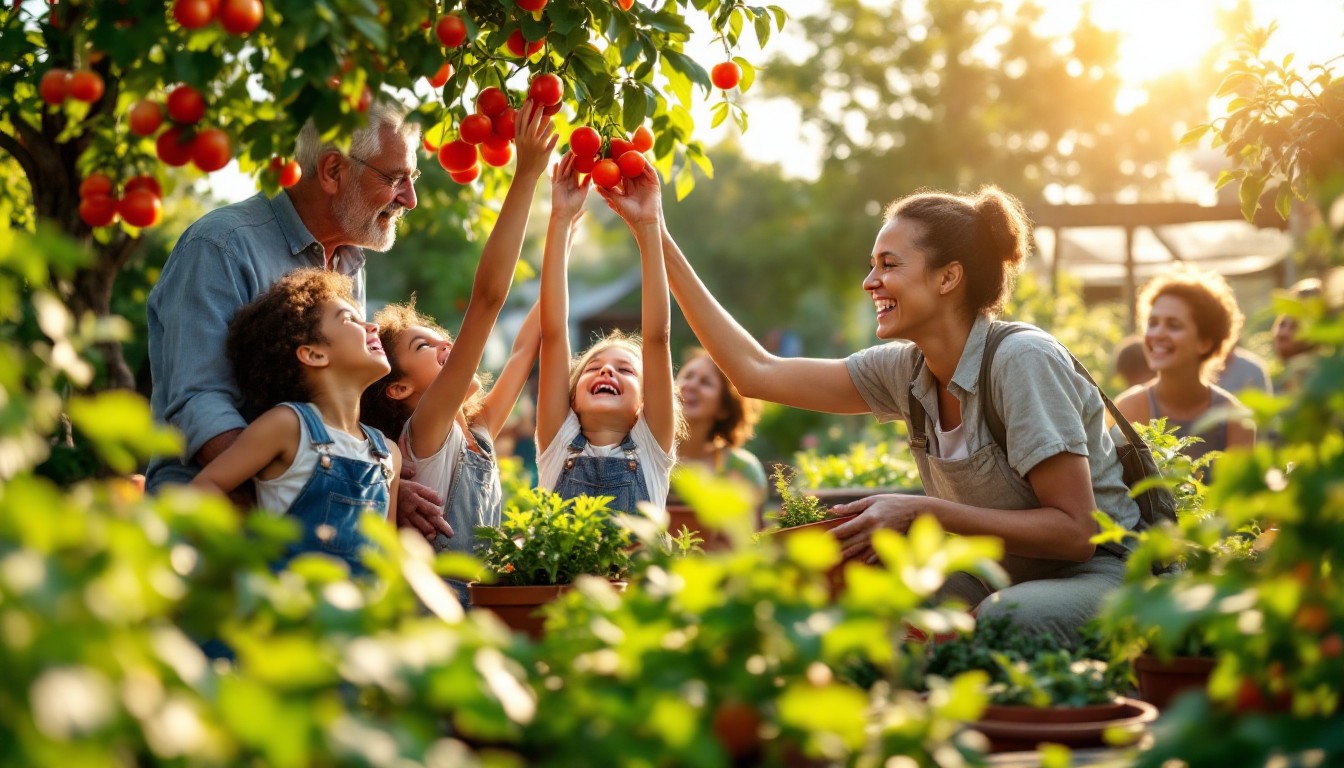A woman, older man, and three children happily pick fruit from a tree.