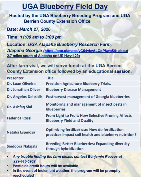 UGA Blueberry Field Day Flyer. Event will be 3/27/26 located at Alapaha Research Farm.